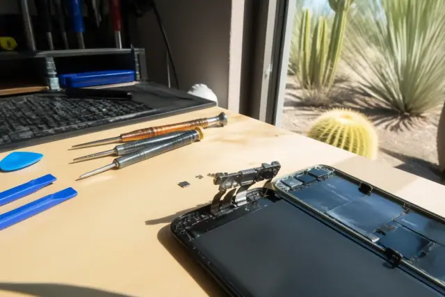 Smartphone charging port repair on a workbench in Peoria, AZ with internal components and tools visible.
