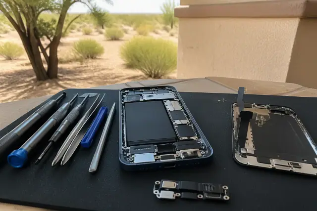 Smartphone with exposed internal components and repair tools on a workbench in Goodyear, AZ.