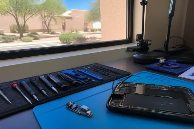 Smartphone with internal components exposed during a charging port repair on a workbench in Gilbert, AZ.