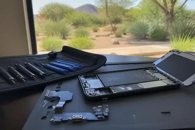 An opened smartphone with exposed internal components and charging port hardware during a repair in Paradise Valley, AZ.