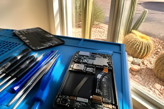 Technician repairing an open smartphone with professional tools on a workstation in Phoenix, AZ.