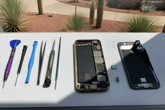 An opened smartphone with exposed internal components and repair tools on a workstation in Phoenix, AZ.