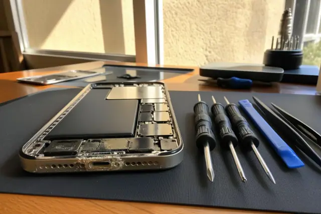 Corrosion on a smartphone charging port at an organized repair workstation in Phoenix, AZ.