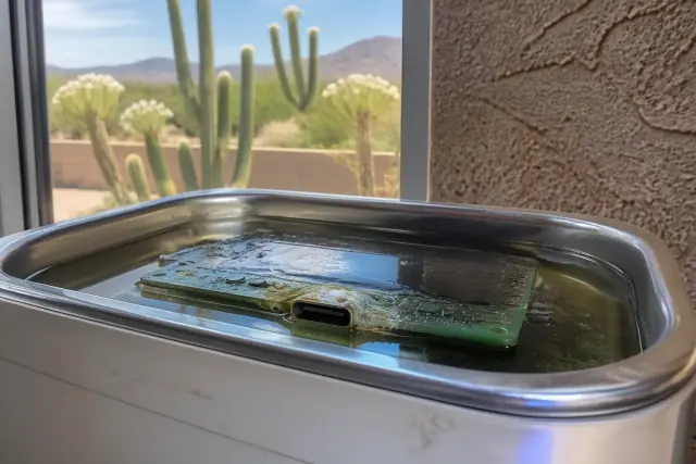 Corrosion on a smartphone charging port inside an ultrasonic cleaning tank in a Phoenix, AZ workshop.