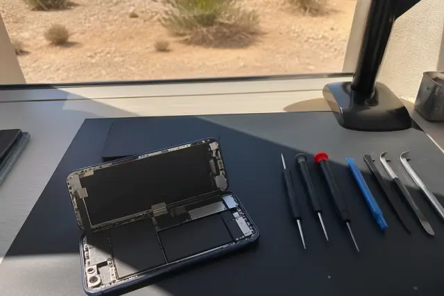 Smartphone with an exposed interior and repair tools on an anti-static mat at a workstation in Phoenix, AZ.
