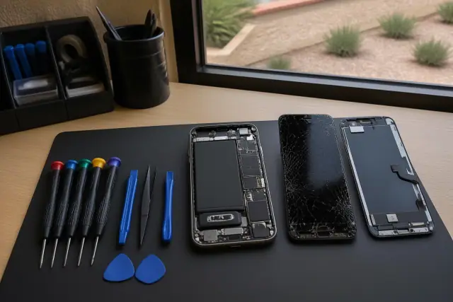 Cracked smartphone display and glass components on a repair workstation in Phoenix, AZ.