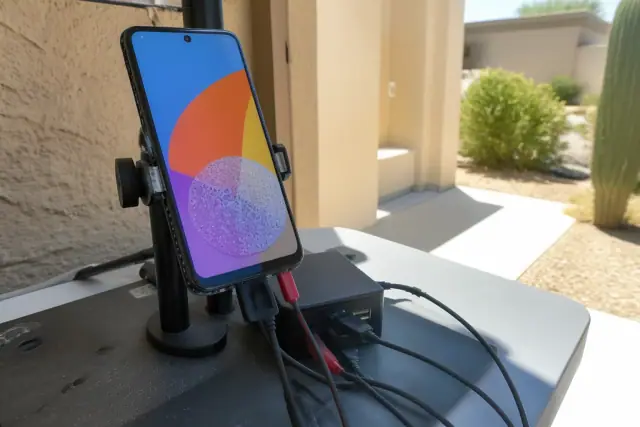 A Samsung phone undergoing diagnostic testing with power cables on a workbench in Phoenix, AZ.