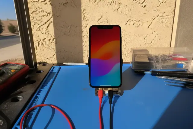 A smartphone connected to diagnostic cables on a test bench in Phoenix, AZ, showing a functional new touchscreen panel.