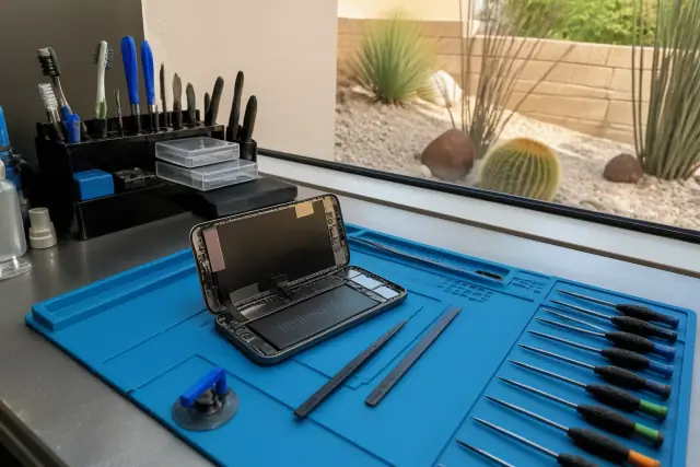 An opened smartphone with internal components on a workbench with repair tools in Phoenix, AZ, by a window with desert views.