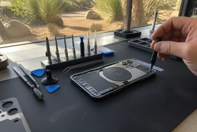 Professional smartphone back housing repair on a workstation in Phoenix, AZ.