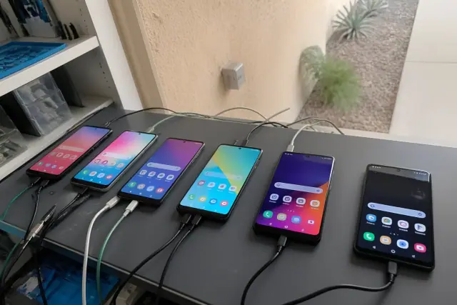 Samsung Galaxy phones being tested on a workbench with diagnostic cables in Phoenix, AZ.