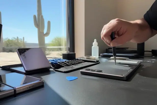 Samsung Galaxy Z Fold and Flip phones being repaired with precision tools at a workbench in Phoenix, AZ.