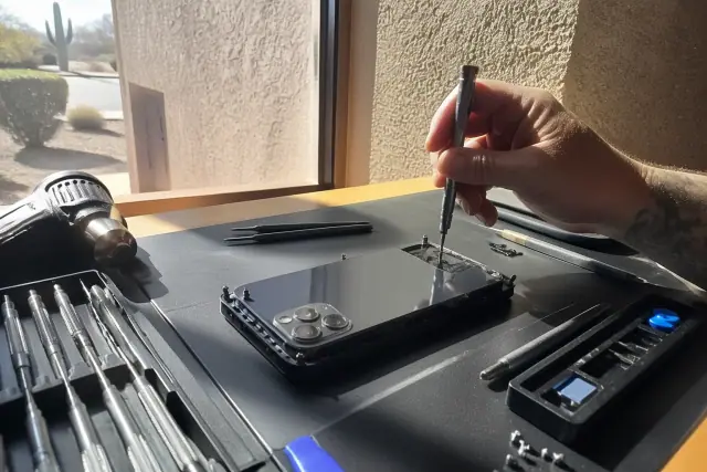 Technician fastening screws on a smartphone during a back glass repair in a workshop in Phoenix, AZ.