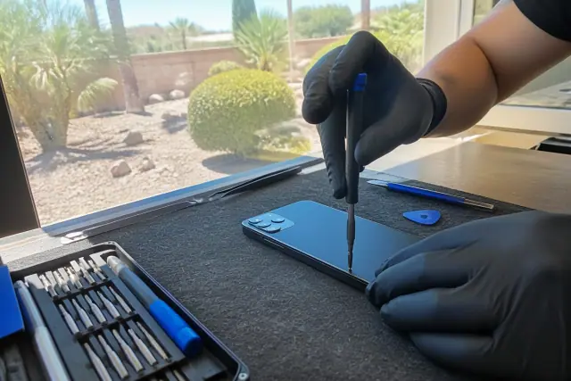 Technician repairing a smartphone back glass with precision tools in Phoenix, AZ.
