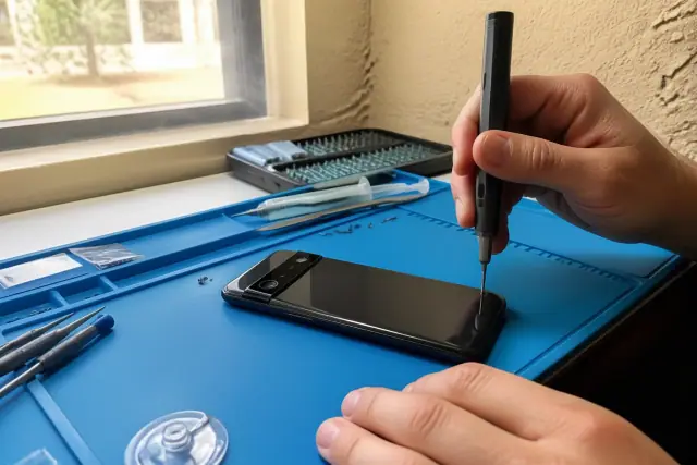Technician repairing the back glass of a Google Pixel smartphone in a Phoenix, AZ workshop.