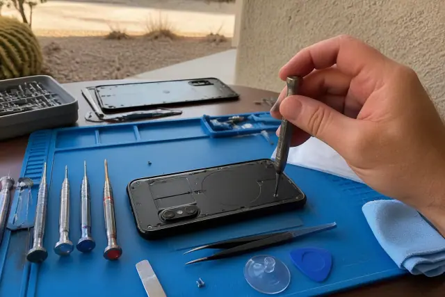 Technician repairing a Google Pixel back glass on an anti-static mat in Phoenix, AZ.