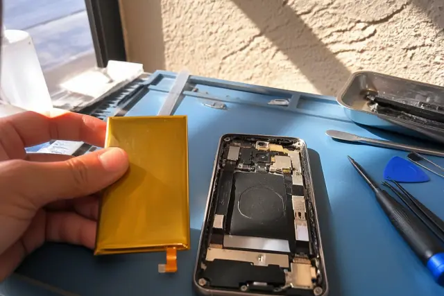 A replacement battery sits next to an open Google Pixel on a workbench in Phoenix, AZ.