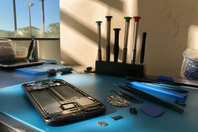 Technician repairing a smartphone charging port at a workstation in Phoenix, AZ.