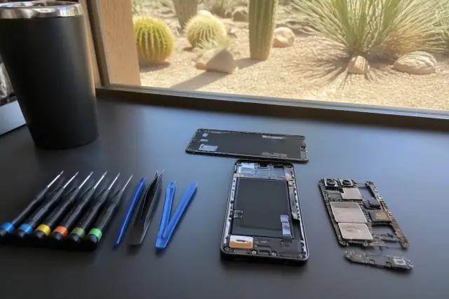 Opened Google Pixel smartphone with internal components on a workbench in Phoenix, AZ, surrounded by professional tools.