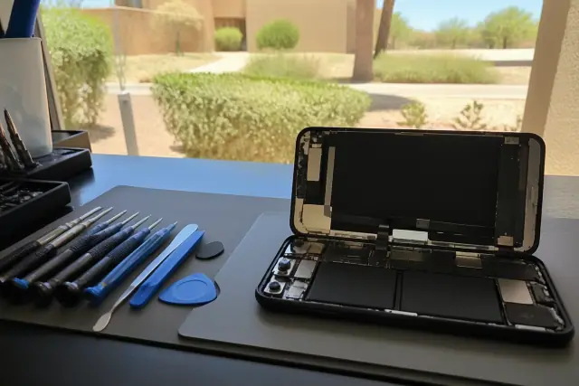 An opened smartphone with internal components on a repair workstation in Tempe, AZ.
