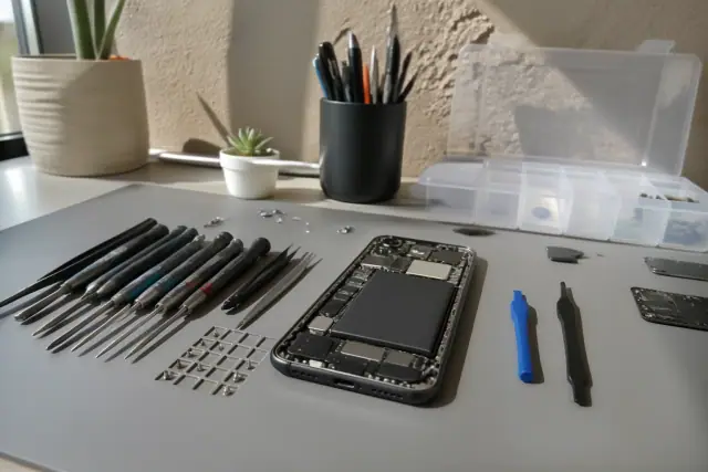 Open smartphone with internal components on a repair workbench in Scottsdale, AZ.
