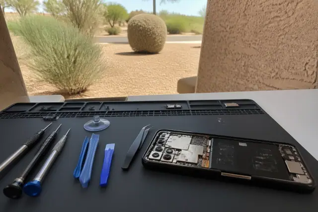 Opened smartphone with exposed internal components on a repair workstation in Avondale, AZ.