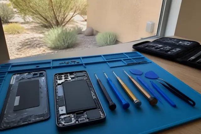 Opened smartphone with internal components on a workbench in a Peoria, AZ repair shop.