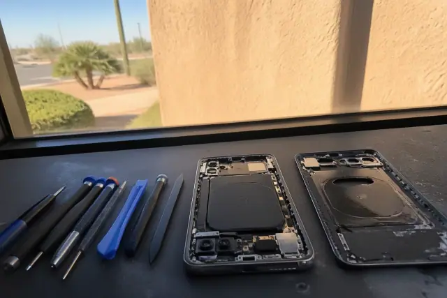 A Google Pixel smartphone with exposed internal components being repaired on a workbench in Mesa, AZ.