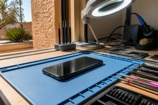 Fully reassembled Google Pixel phone on a workbench with sunlight in Phoenix, AZ.