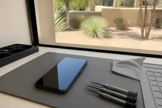 Reassembled Google Pixel phone, precision screwdrivers, and a lint-free cloth on a workbench in Phoenix, AZ.