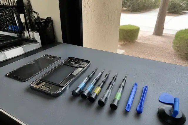 Opened Google Pixel smartphone with internal components and repair tools on a workstation in Phoenix, AZ.