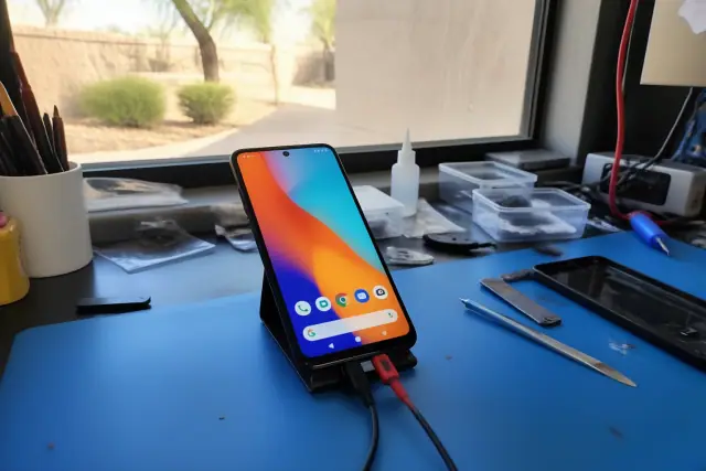 A smartphone screen being tested on a diagnostic bench at a repair shop in Phoenix, AZ.