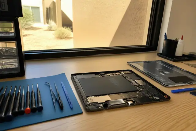 An opened tablet with internal components and repair tools on a workstation in a Phoenix, AZ workshop.