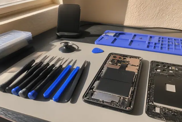 An opened smartphone with exposed internal components and tools on a workbench in Phoenix, AZ.