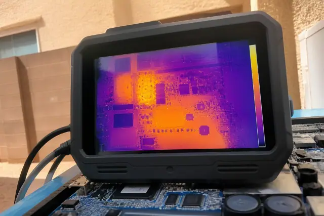 Thermal monitor showing heat damage on a motherboard during a water damage repair job in Phoenix, AZ.