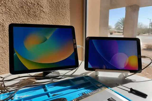Tablet screen repair on a testing bench with diagnostic cables in a Phoenix, AZ workshop.