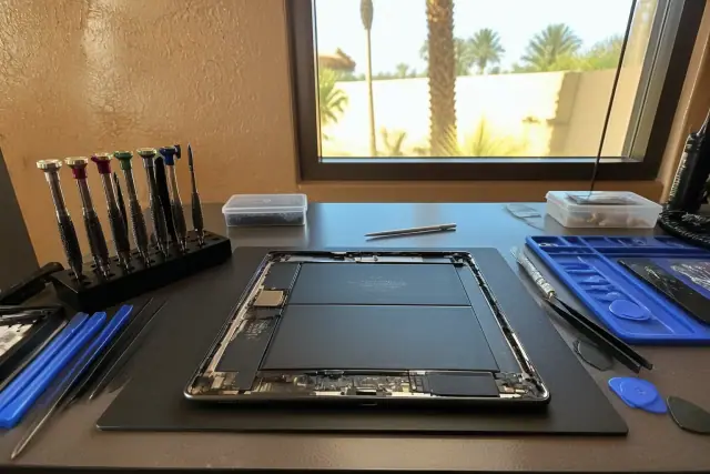 Technician repairing an iPad and tablet charging port at a workstation in Phoenix, AZ.