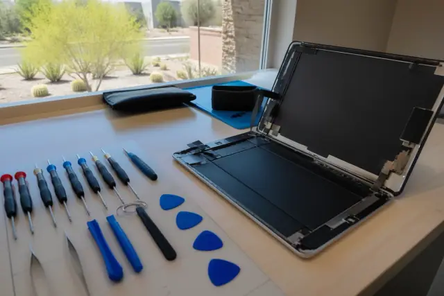 Opened iPad with internal components and repair tools on a workstation in Phoenix, AZ, with desert landscaping visible.