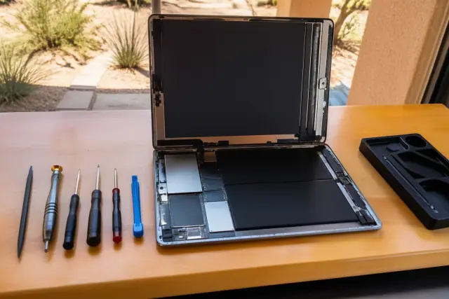 An opened iPad with internal components exposed next to repair tools on a workstation in Glendale, AZ.