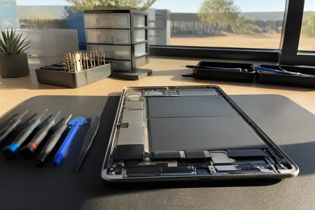 An opened iPad on an organized workstation with repair tools in a Phoenix, AZ office.