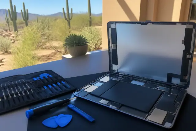 Opened iPad undergoing repair on a workbench in Scottsdale, AZ, with desert landscape visible in the background.