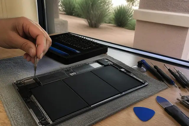 Technician using precision tools to fasten screws on an open iPad during a repair in Avondale, AZ.