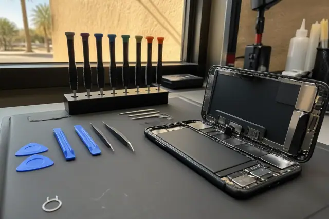 Opened smartphone with internal components on a repair workstation in Tempe, AZ.