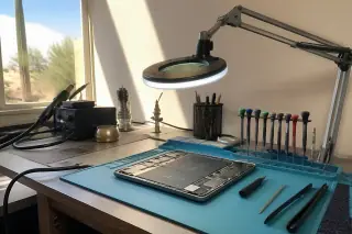 iPad on a workbench with a soldering station, tools, and a magnifying lamp in a Phoenix, AZ repair shop.