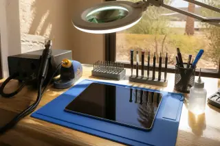 Cleaned iPad on a workbench with a soldering station and precision tools in Phoenix, AZ.