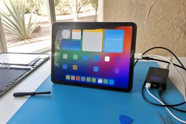 iPad with a new screen undergoing diagnostics at a repair bench in Phoenix, AZ.