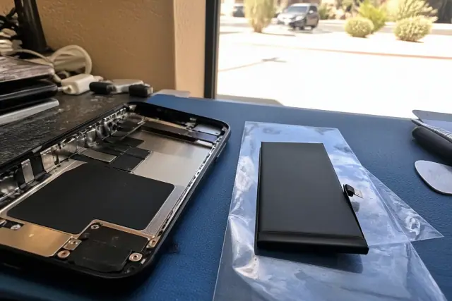 Open iPhone with an old battery removed and a new replacement battery ready for installation in a Phoenix, AZ repair shop.