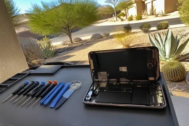 Technician repairing a smartphone at an organized workstation in Scottsdale, AZ with desert sunlight in the background.