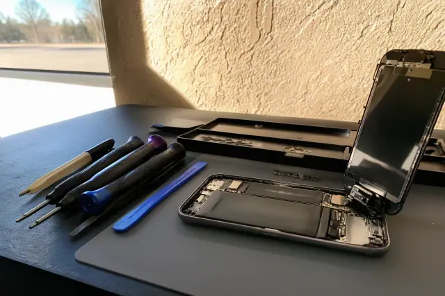 An opened smartphone with internal components on a workbench with repair tools in Chandler, AZ.