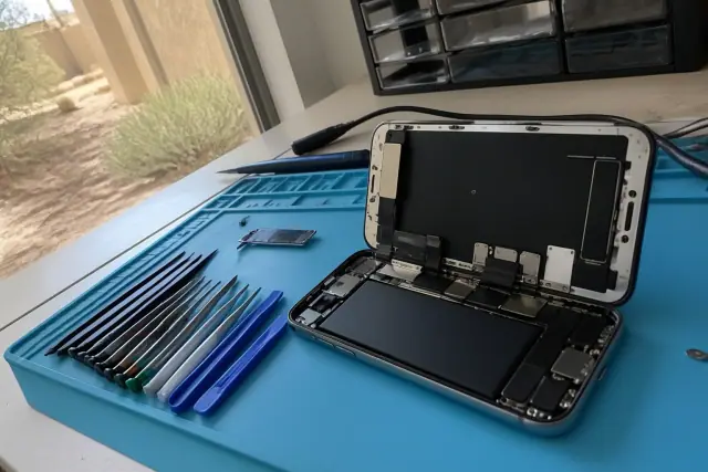 Opened smartphone with exposed internal components and repair tools on a workstation in Peoria, AZ.